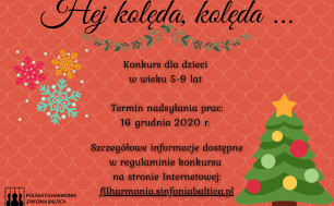 Baner konkursu Hej kolęda, kolęda! Informacje zawarte w treści, graficzne płatki śniegu i choinka